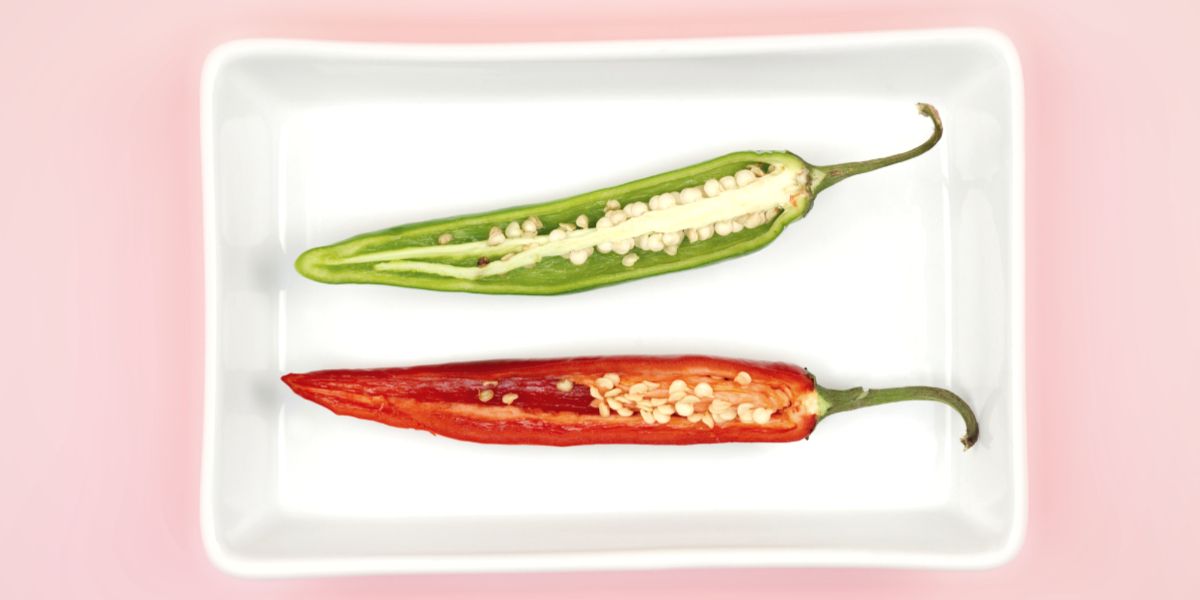 Chili pepper fruits cut open with seeds visible