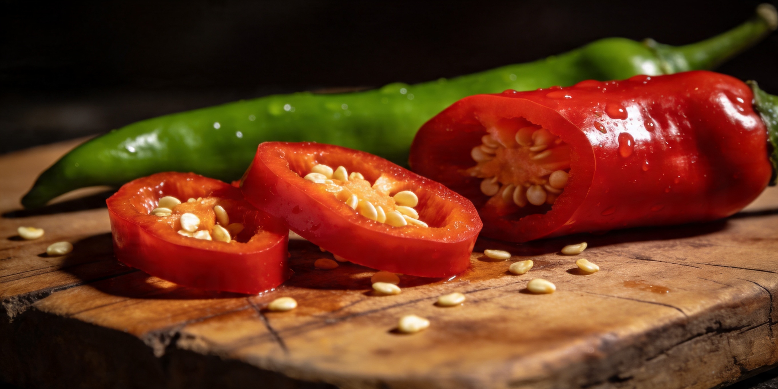 Chili pepper fruits cut open with seeds visible
